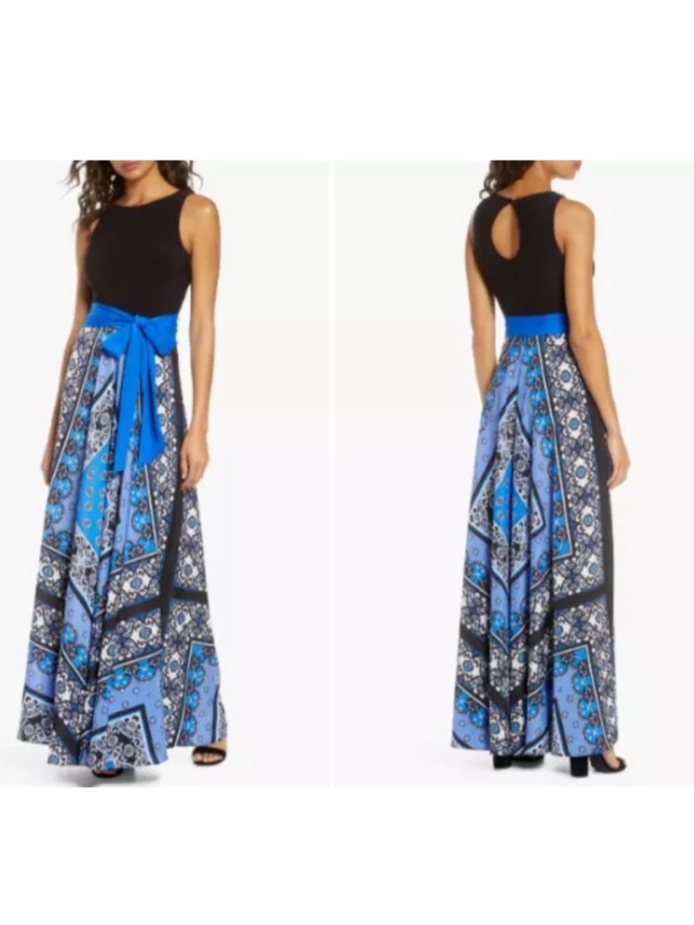 Eliza J Blue Scarf-Print Maxi Dress with Black Bodice and Blue Waist Tie - Picture 9 of 9
